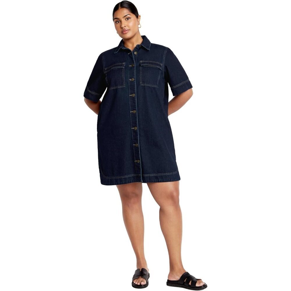 Women's Plus Size Denim Dress 14 Chic Casual with Pockets and Gold Hardware